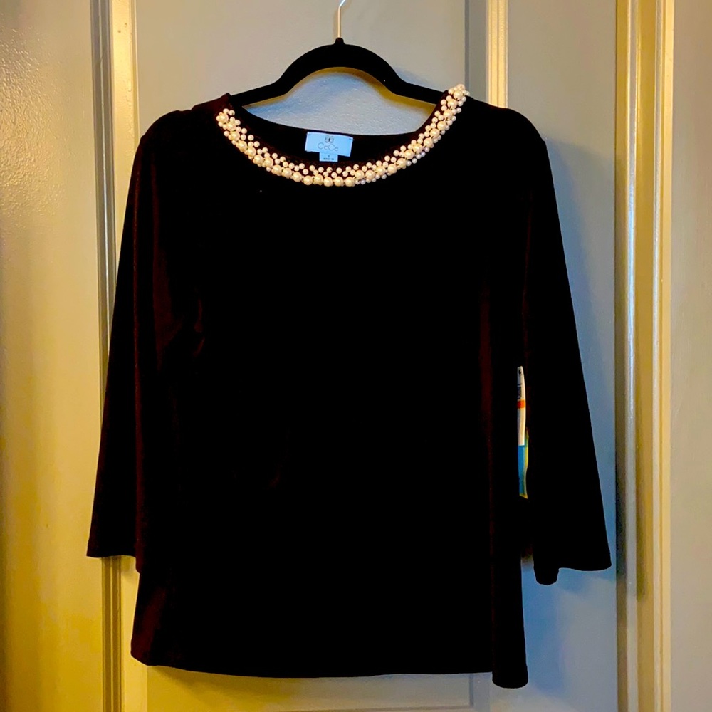 Black, blouse with pearl beading along neckline.